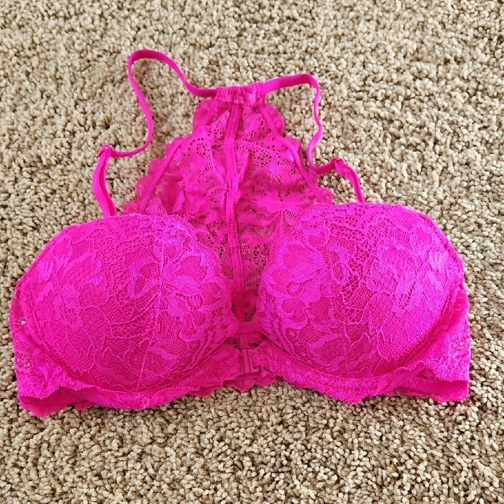 Pink Lace Bra with Molded Cups and Adjustable Straps